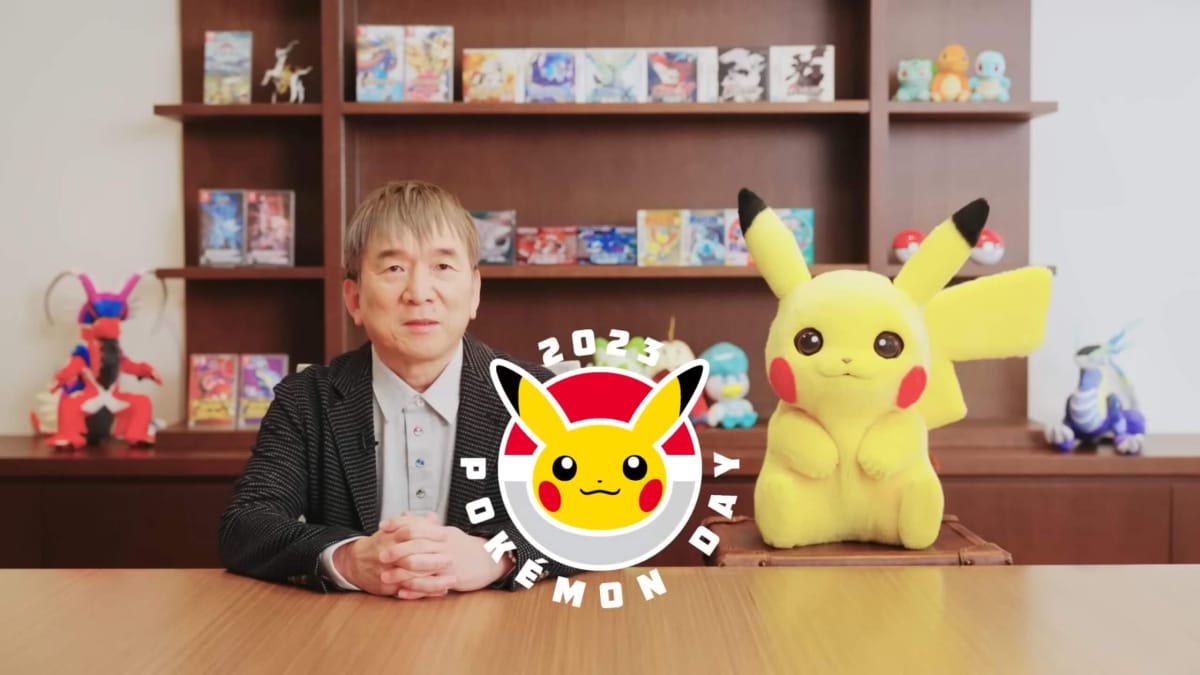 Tsunekazu Ishihara, the president of The Pokemon Company, alongside a Pikachu plushie for the February 2023 Pokemon Presents showcase