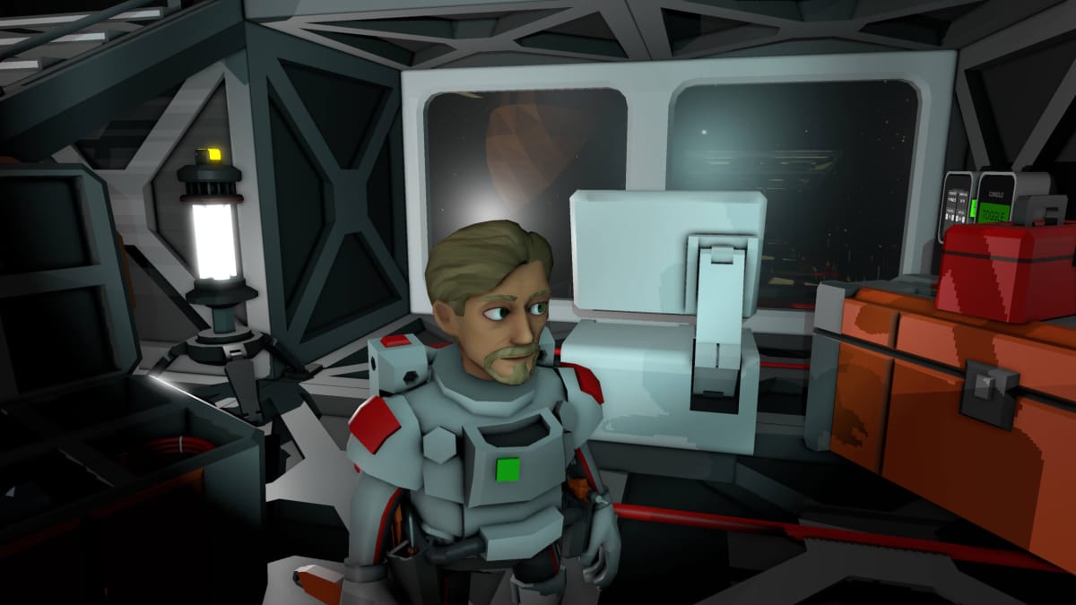 A spaceperson looking a little shifty on a space station in Stationeers