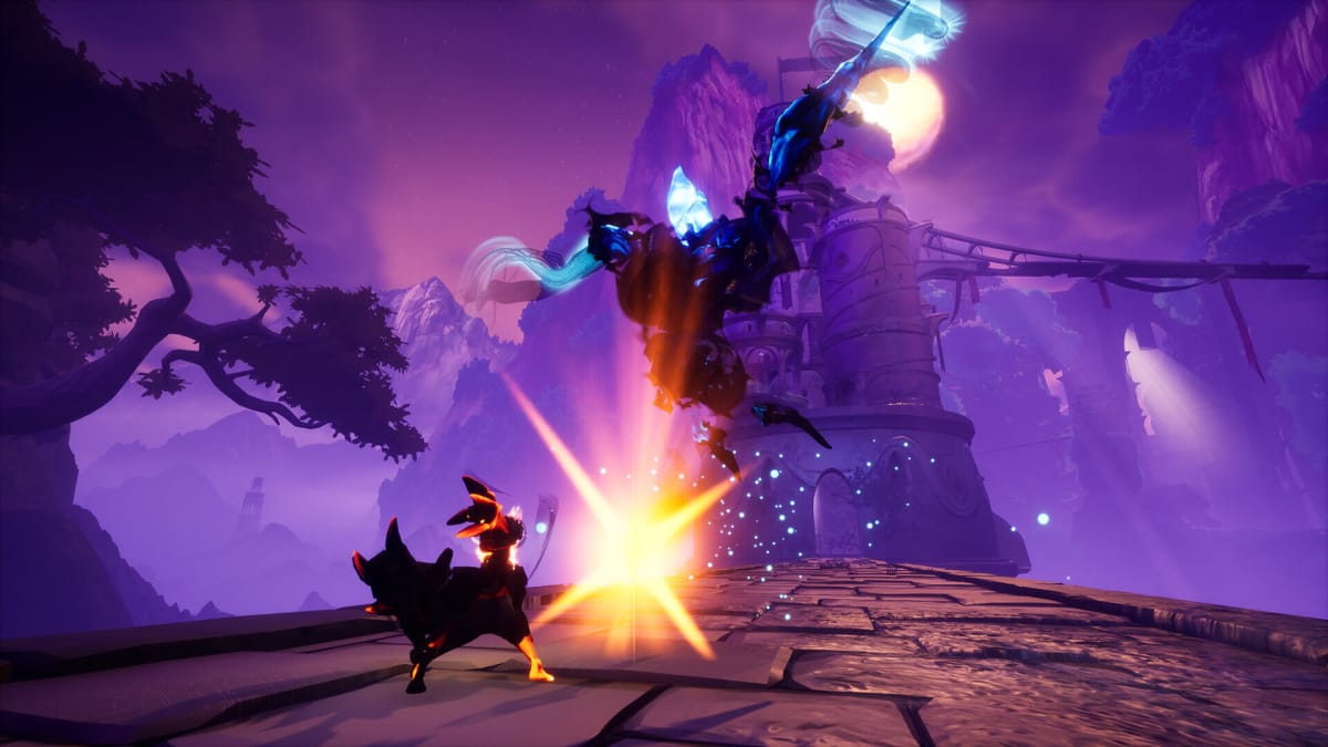 The protagonist of indie action-adventure Strayed Lights engaged in combat with one of its enemies