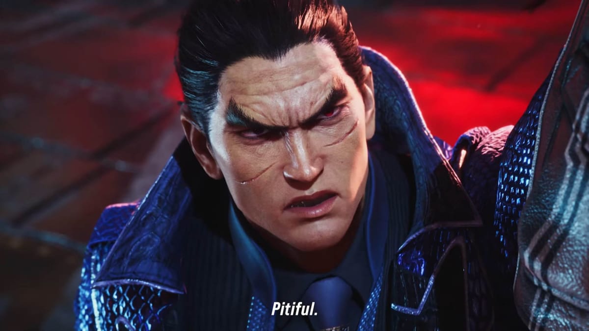 Kazuya looking disapprovingly into the camera and saying "Pitiful." in Tekken 8