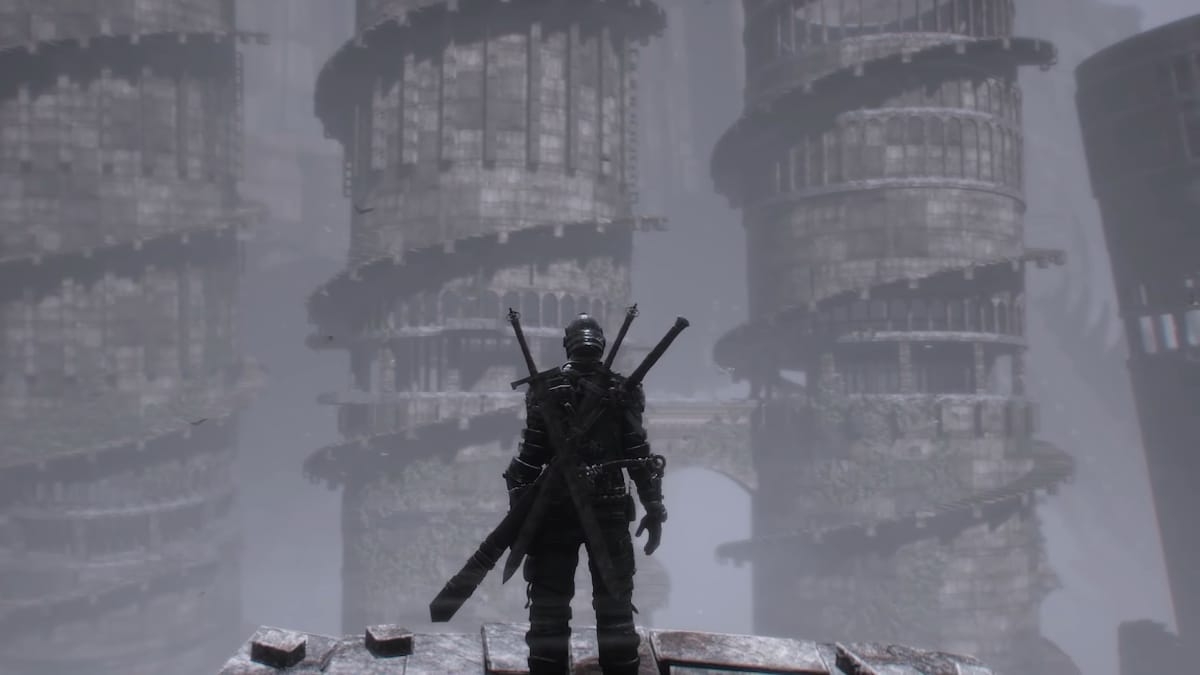 The main character standing and looking out over massive spiral towers in Bleak Faith: Forsaken