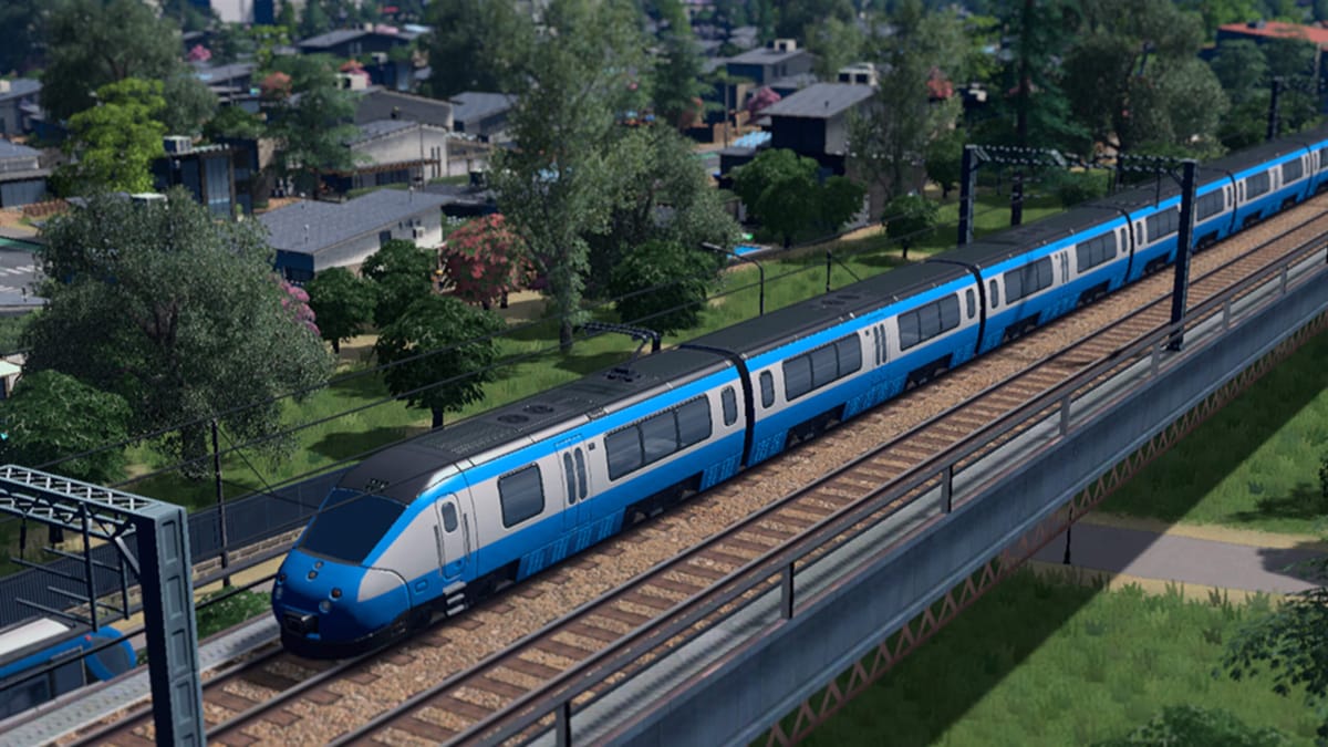 A train speeding by in the new Cities: Skylines Hubs & Transport update