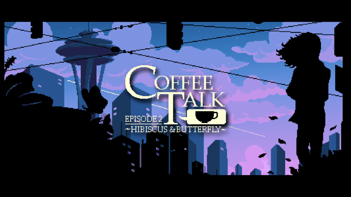 A spread shot image of Coffee Talk Episode 2: Hibiscus & Butterfly, showcasing the silhouette of a person against the backdrop of a dimly-lite downtown Seattle, with the Space Needle portruding.
