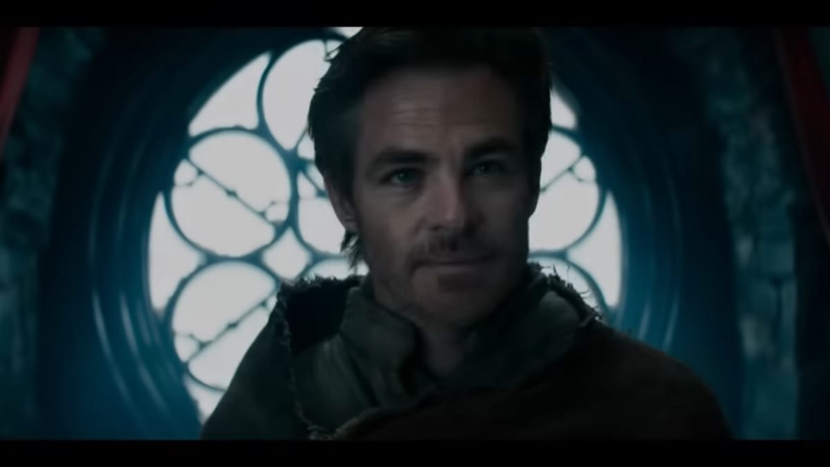 A promotional image of Chris Pine as the bard Edgin from D&D Honor Among Thieves