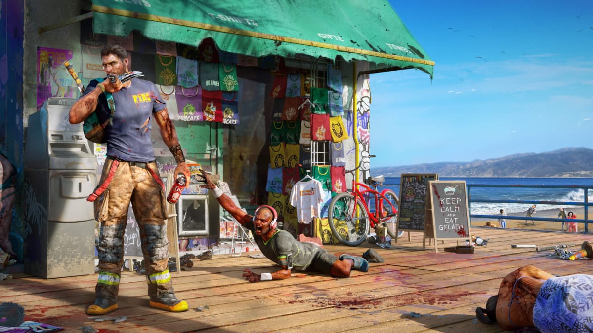 A survivor ignoring a zombie reaching out for him on the boardwalk in Dead Island 2