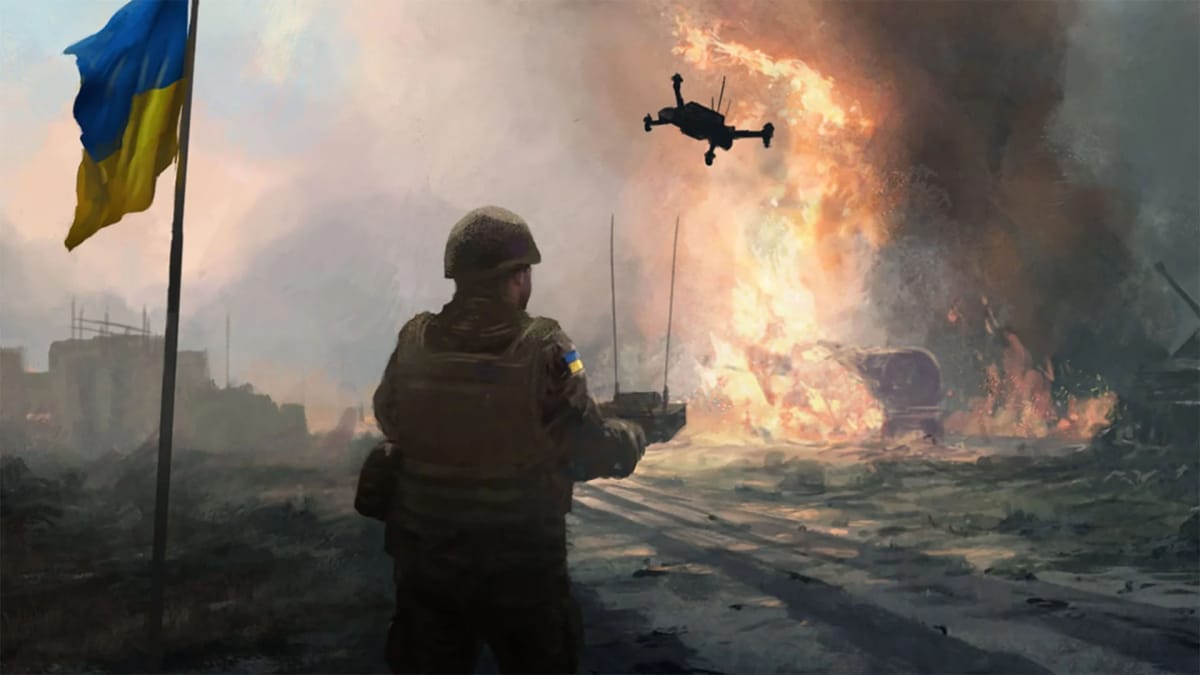 Key art for Death From Above, featuring a soldier piloting a drone with the Ukrainian flag next to him.