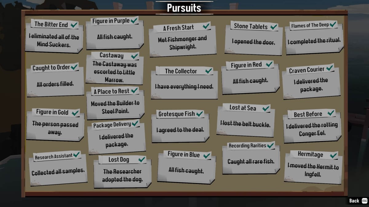 Image of all of the dredge pursuits in the game