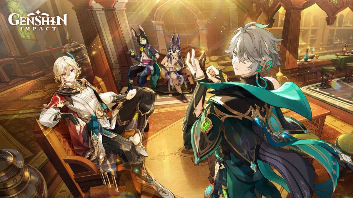 Artwork showing the characters in Genshin Impact version 3.6, A Parade of Providence