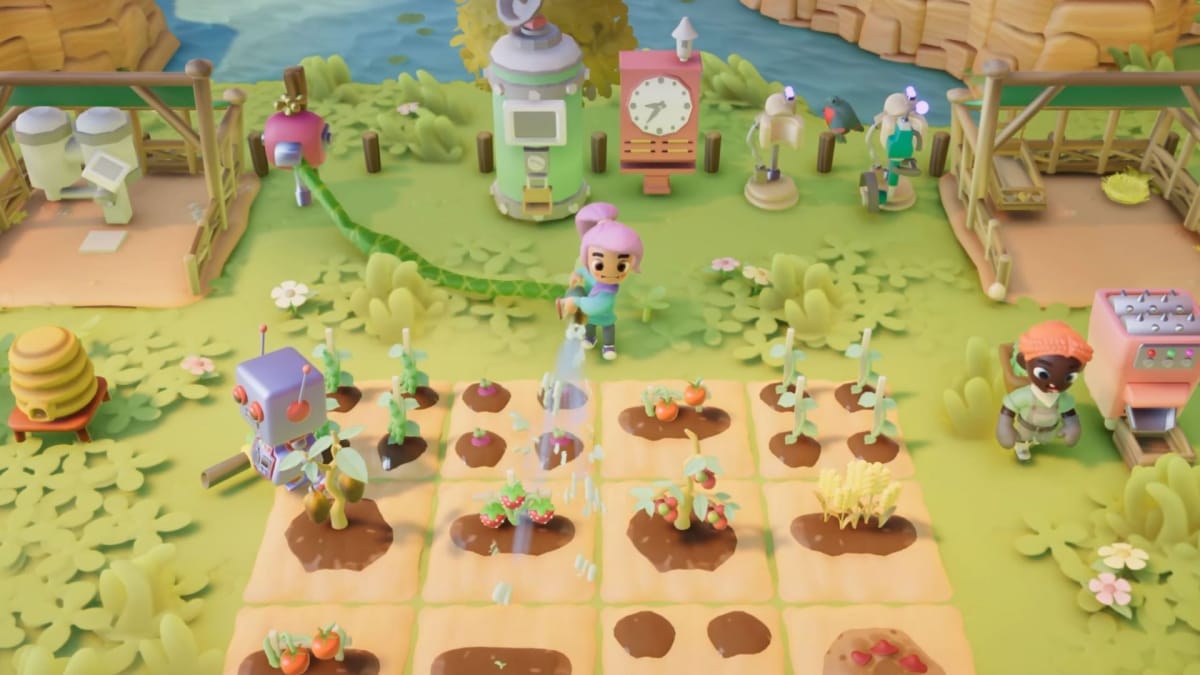 The player character waters their crops in the field in Go-Go Town.
