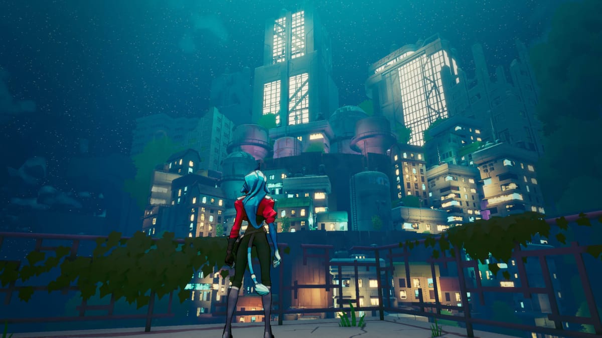 A character in Hyper Light Breaker looking up at a futuristic city
