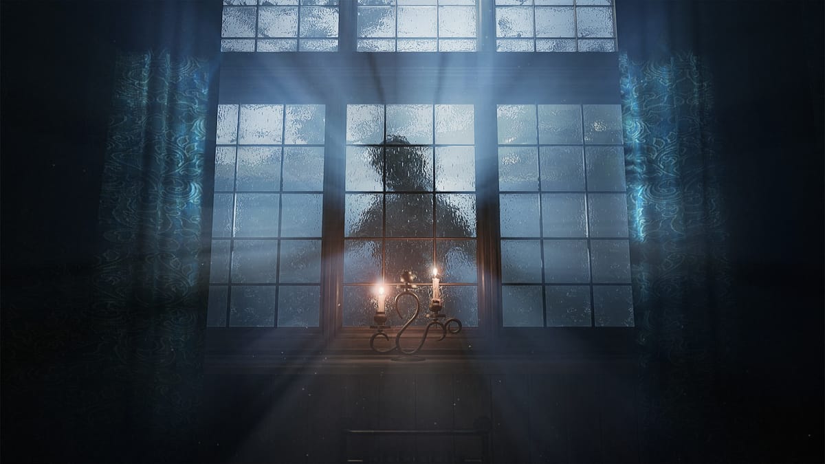 A monstrous figure silhouetted outside a frosted glass window in Layers of Fear