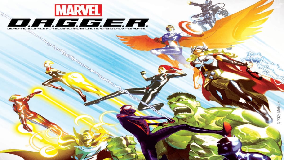 The cover of the board game Marvel Dagger, featuring artwork of The Avengers in a team-up pose.