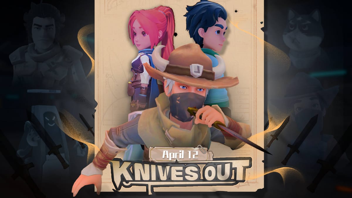 Three characters advertising the My Time at Sandrock Knives Out update