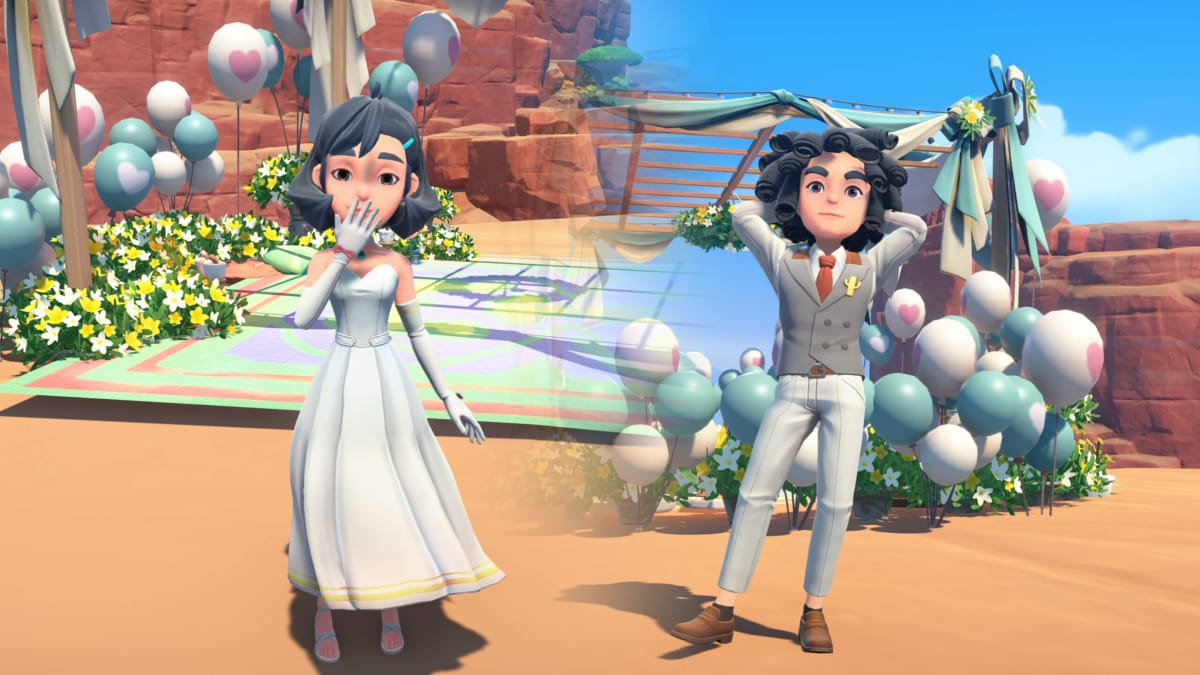 Two My Time at Sandrock characters in the new marriage attire