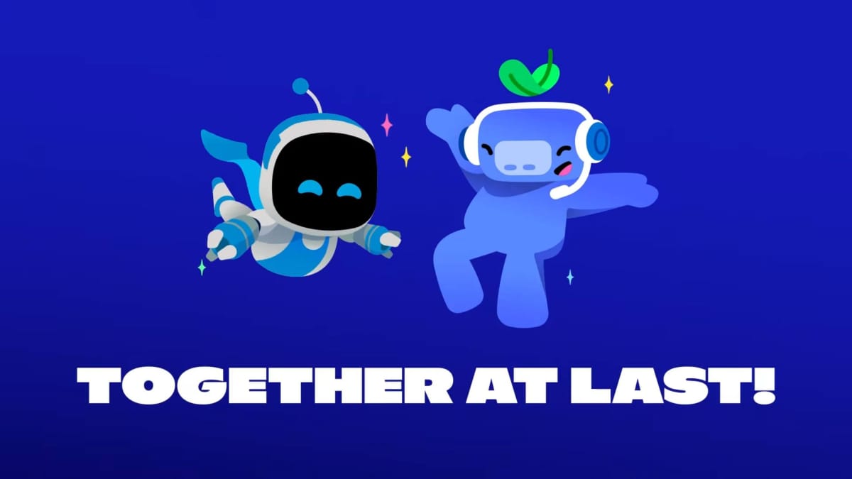 Astro and Wumpus, the PlayStation and Discord mascots, frolicking together with the legend "TOGETHER AT LAST" to celebrate the new PS5 system software update.