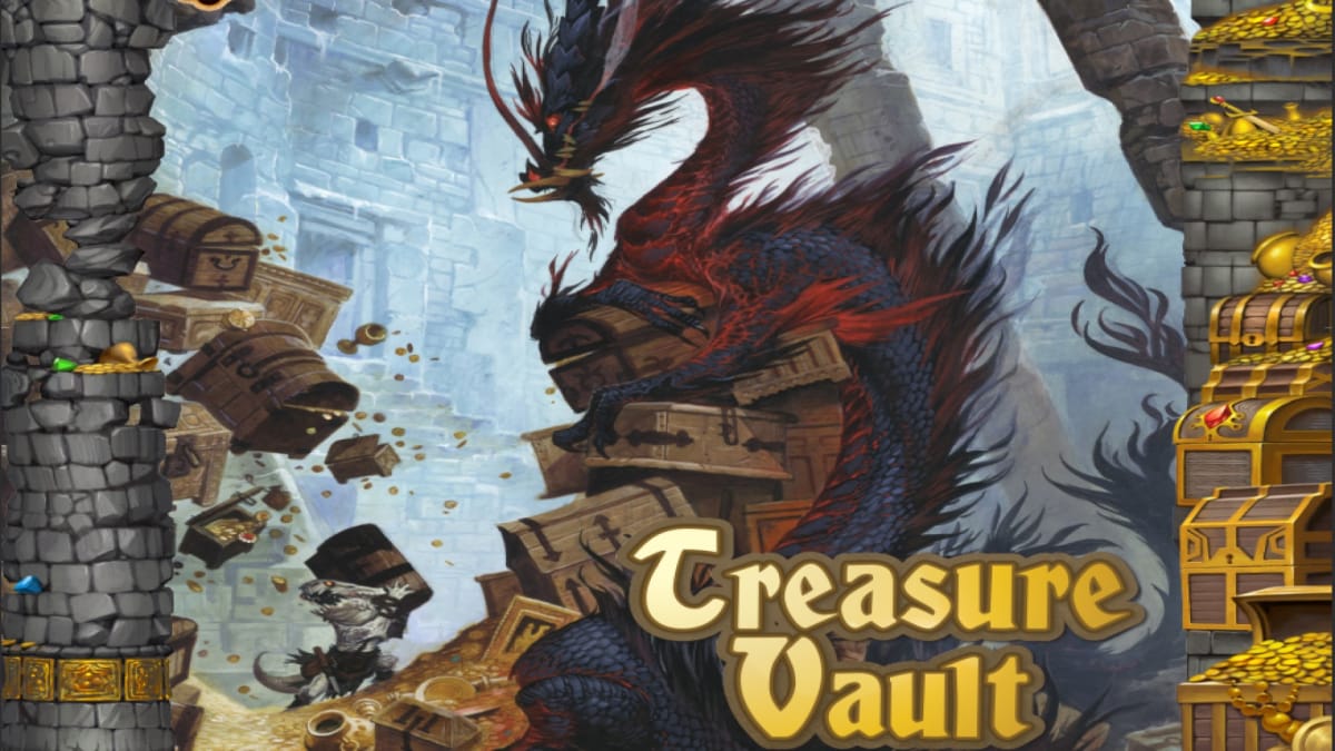 Cover artwork of a dragon sitting on a pile of treasure and books from Pathfinder Treasure Vault