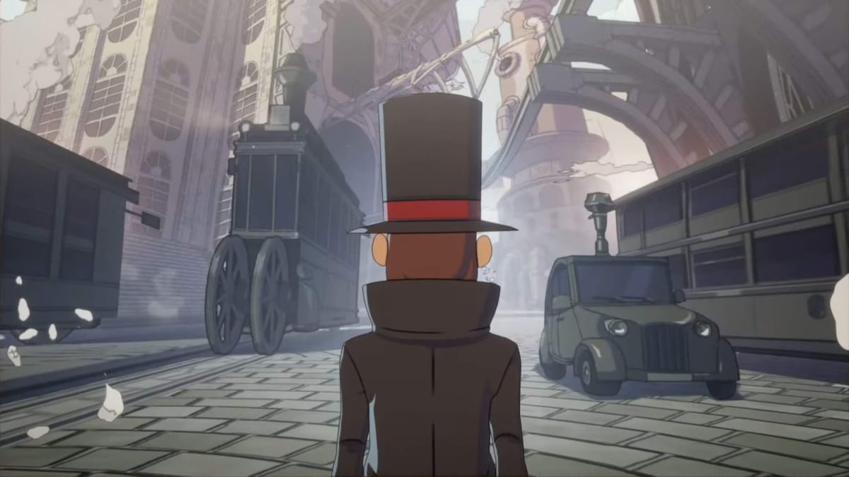 The back of Professor Layton's head against the backdrop of the city of Steam Bison in Professor Layton and the New World of Steam