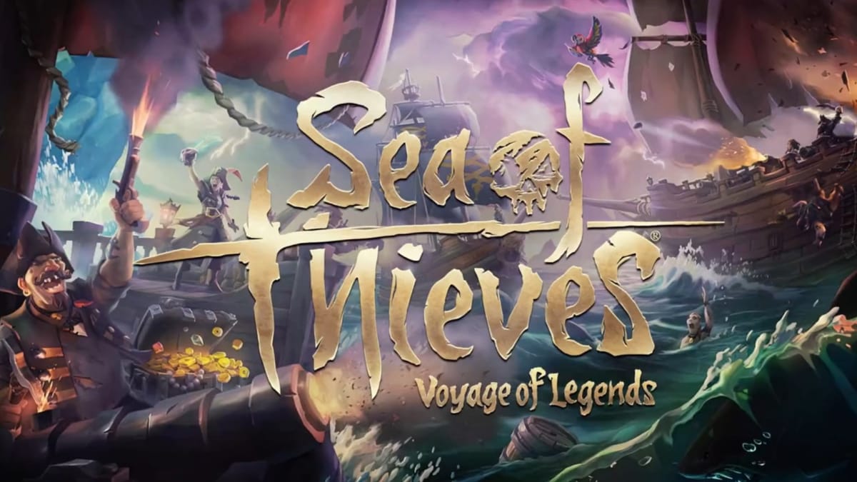 The title of Sea of Thieves Voyage of Legends on a stylized background depicting a pirate ship battle.