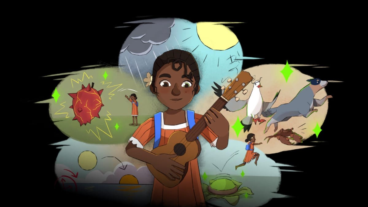 Tchia playing her ukulele with the different animals and objects she can summon in the background