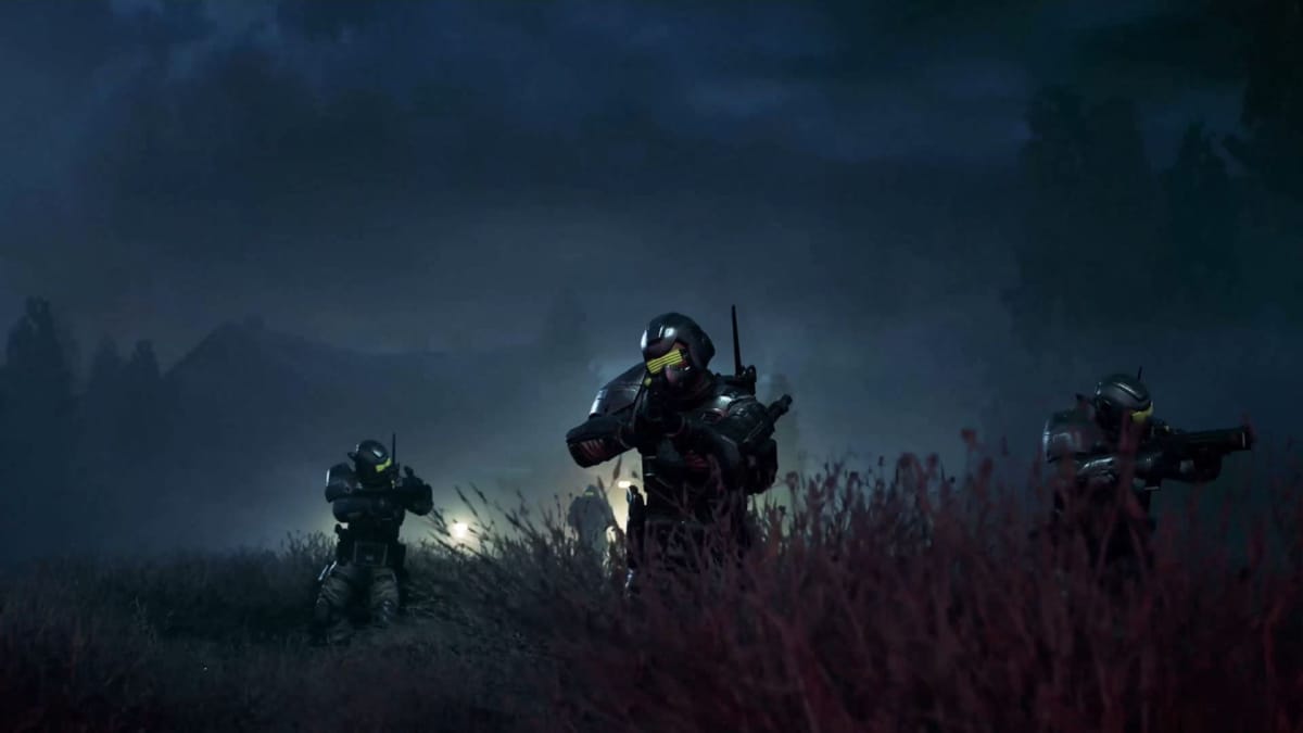 Units in Tempest Rising patrolling through a field at night.