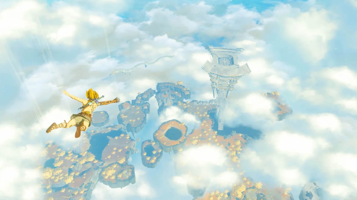 Link diving through the clouds towards the ground in The Legend of Zelda: Tears of the Kingdom