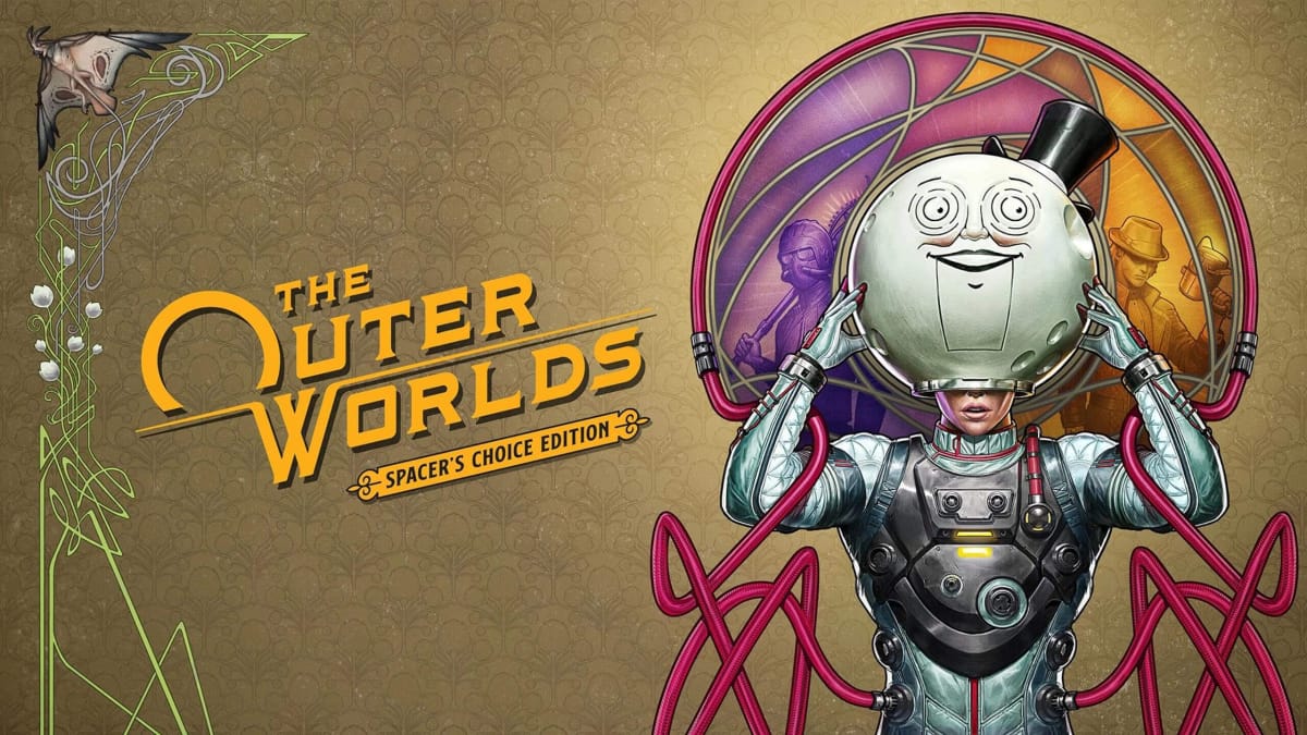 A character taking off a Moon Man helmet in The Outer Worlds: Spacer's Choice Edition