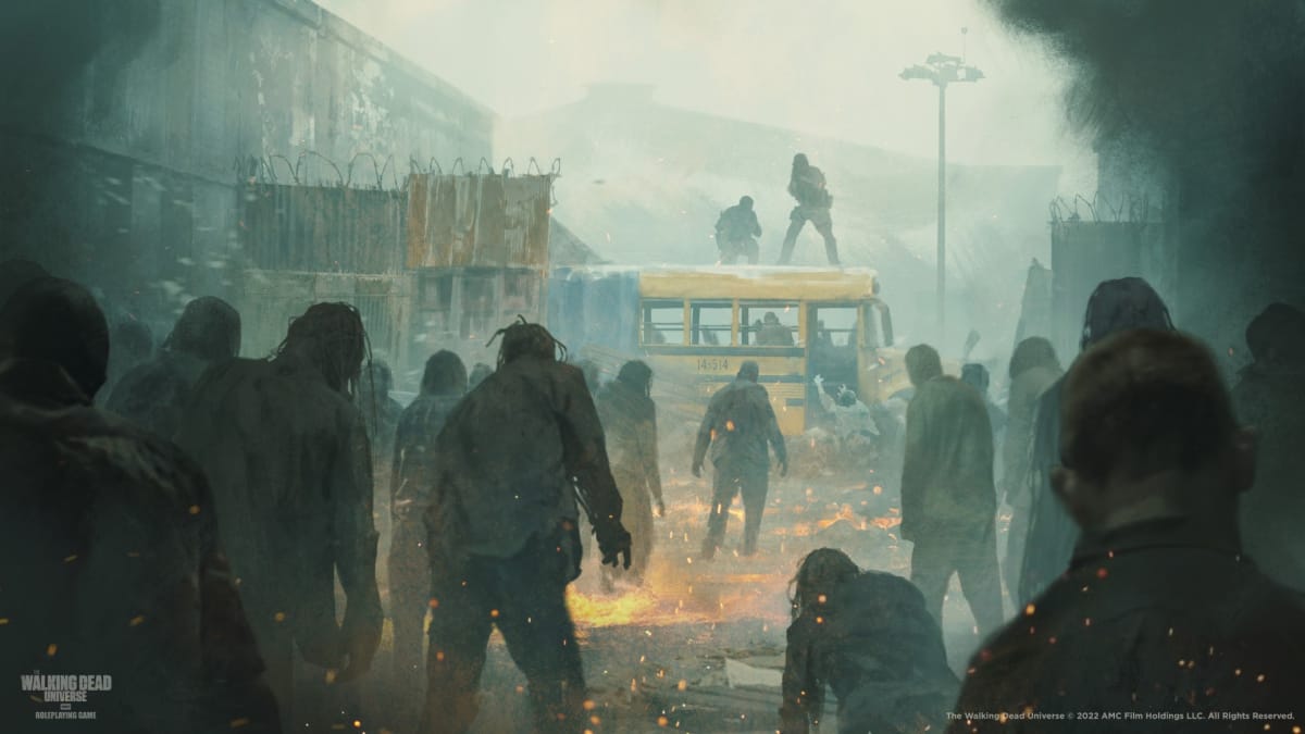 Artwork of The Walking Dead TTRPG featuring zombies approaching a group of survivors