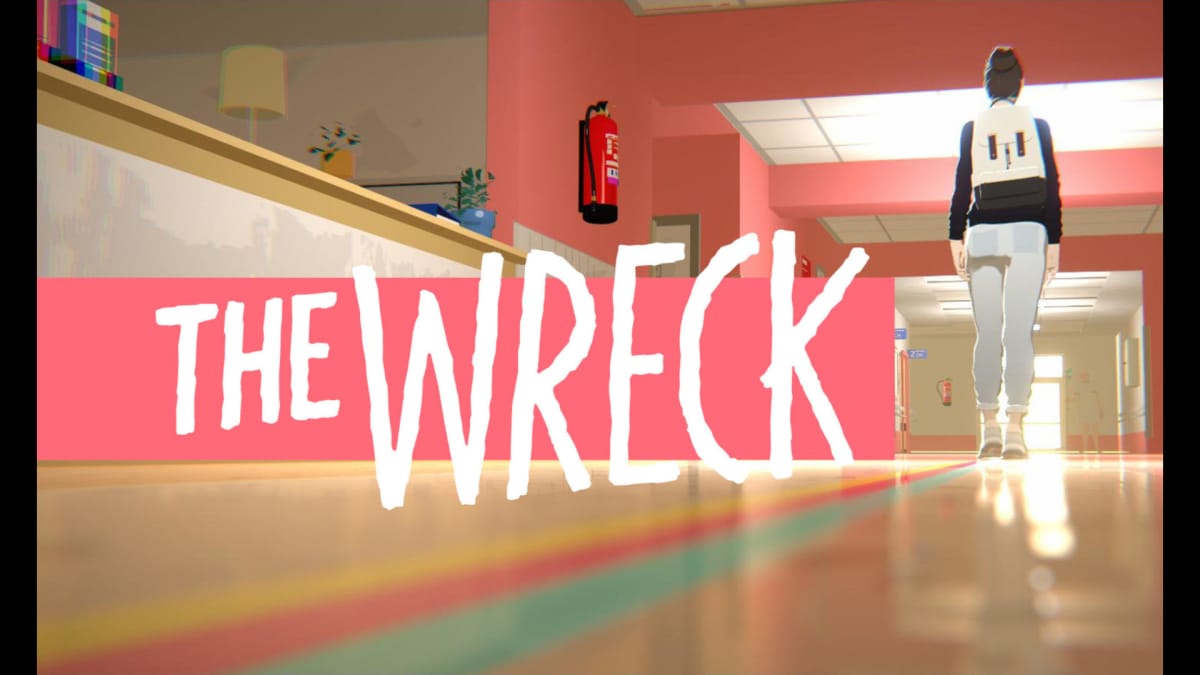 An in-game screenshot with The Wreck logo in focus, showcasing Junon walking down a hallway, spotless and shiny.