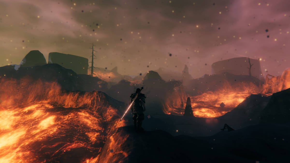 A player walking through the Ashlands in the next Valheim update