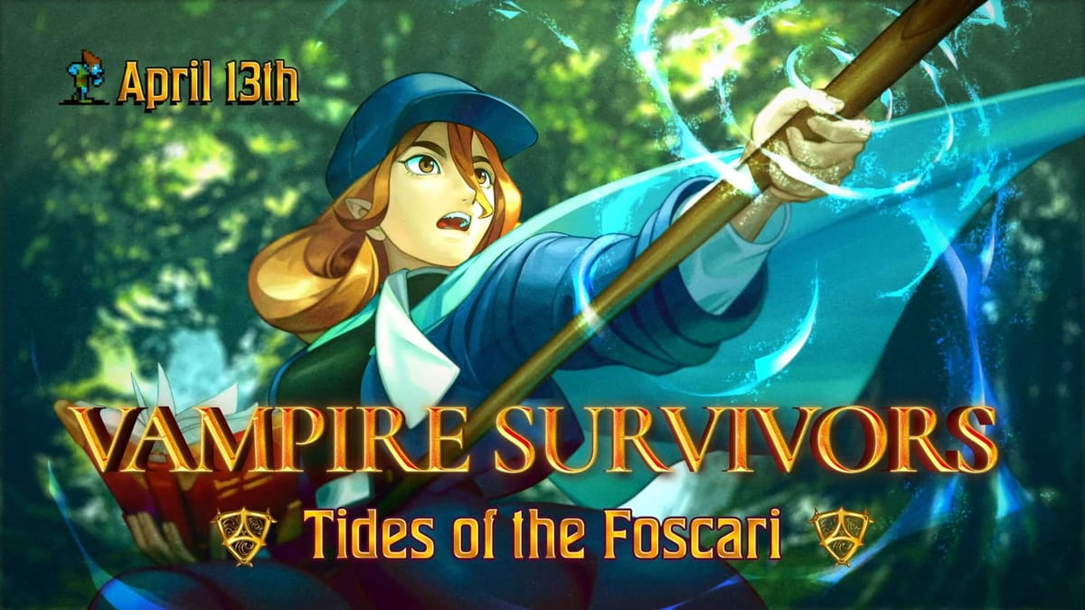 Key art for the Vampire Survivors DLC Tides of the Foscari, which depicts the witch Eleanor