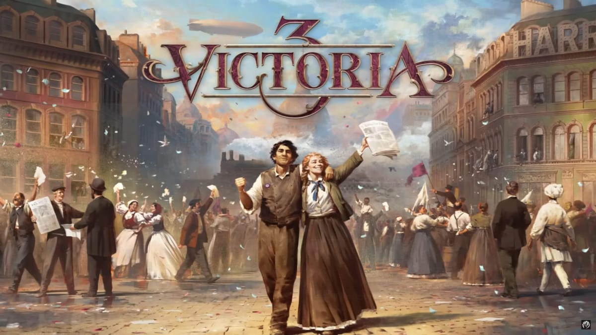 Key art for Victoria, which depicts a happy couple surrounded by a crowd