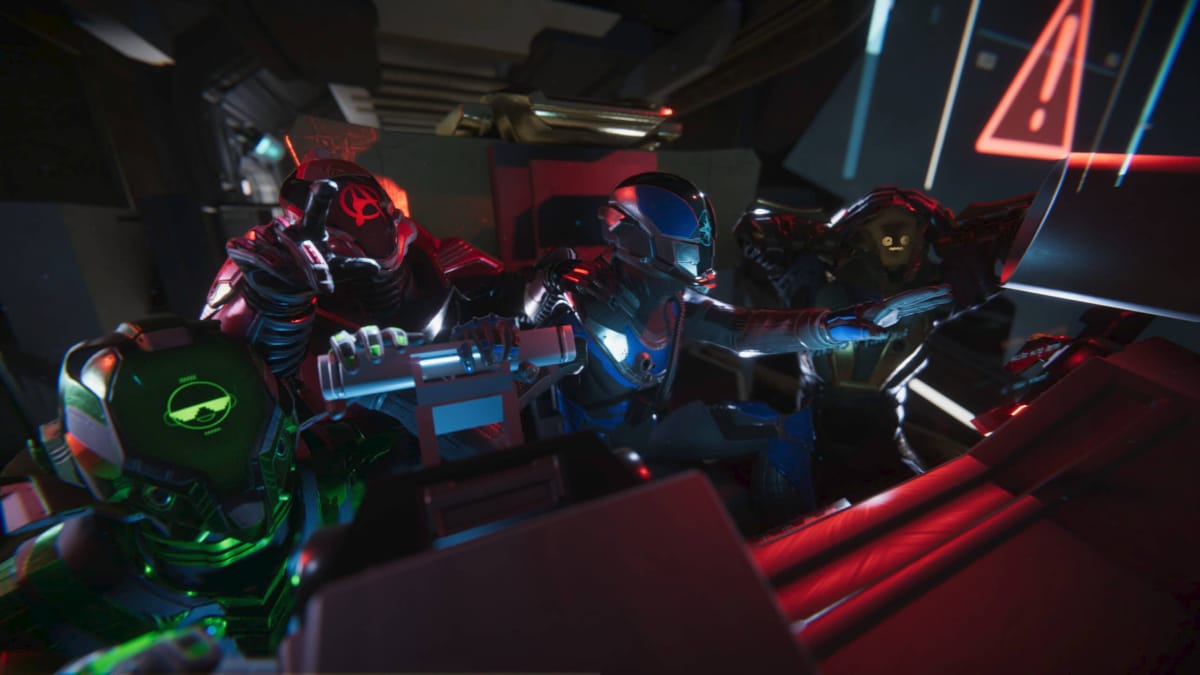 Four space pilots with silly helmets in the new Focus and Hutlihut game Void Crew