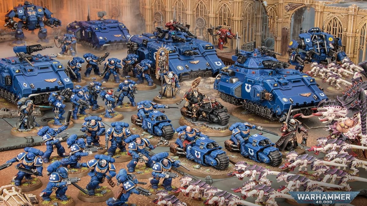 An army of Space Marine and Tyranid models from Warhammer 40k.
