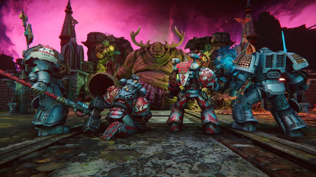 A group of Grey Knights facing off against Nurgle's monstrosity in Warhammer 40k: Chaos Gate - Daemonhunters