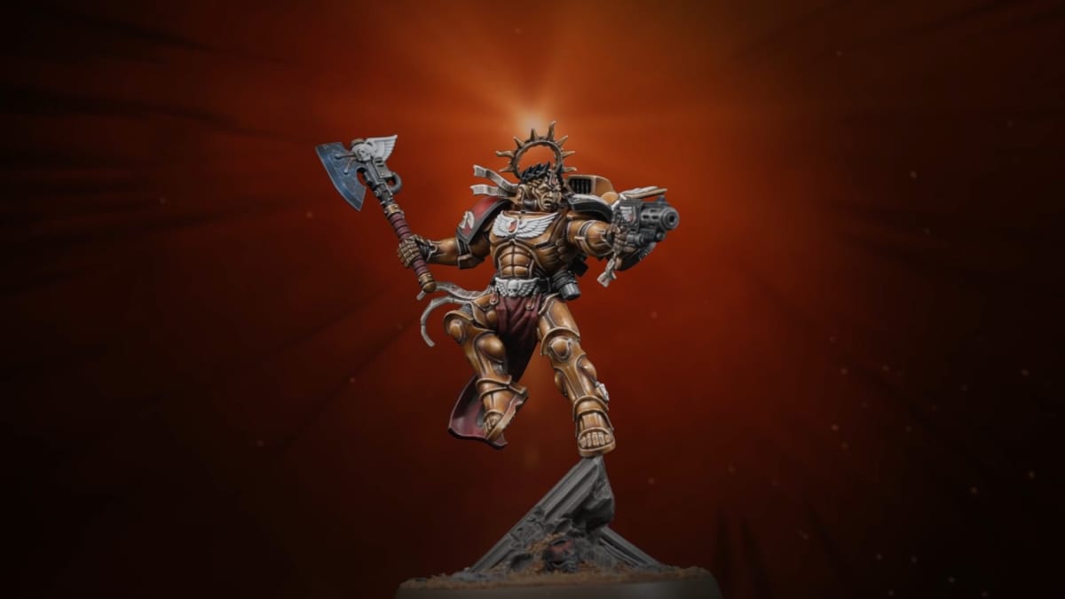 A screenshot of the Commander Dante model from Warhammer 40k on a red background.
