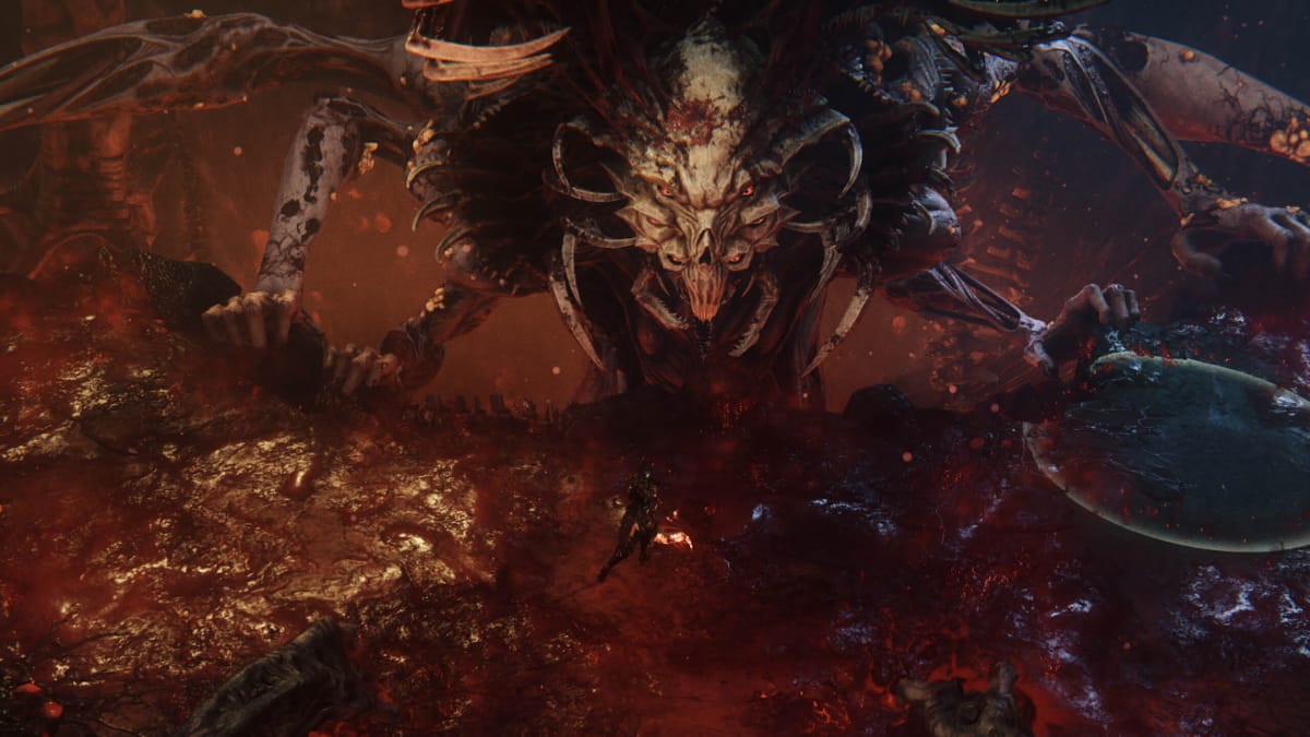 The player facing off against a horrifying demon in Wolcen: Lords of Mayhem