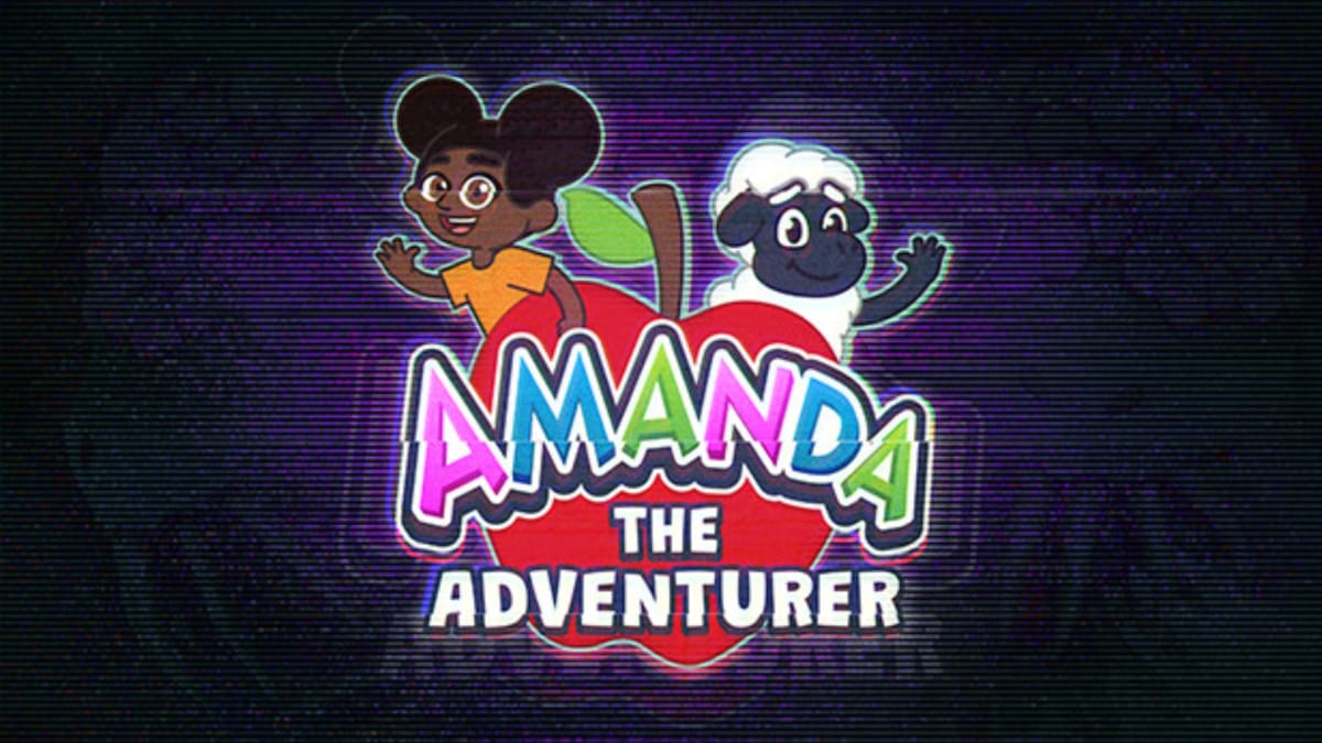 artwork depicting a logo for a tv show called Amanda the Adventurer with brightly colored bubble letters as the font in the cntre, with CRT-scanlines across the background. At the top of the title a cartoon of a little girl is waving at the viewer next to a cartoon sheep. 