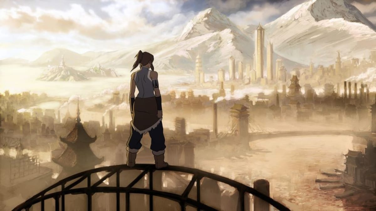Artwork from Avatar The Legend of Korra with Avatar Korra looking from a cliff at Republic City