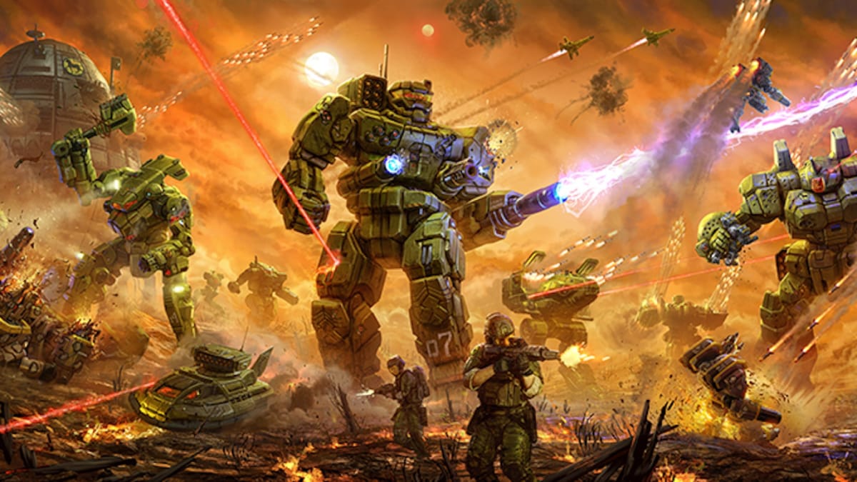 Official artwork from Battletech: Mercenaries featuring a battlefield of soldiers and mechs