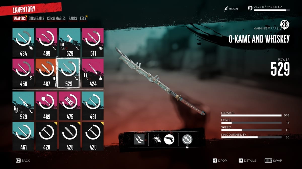 Dead Island 2 menu with brightly coloured symbols depicting several weapons, and a samurai sword with metal bolted to it named "Okami and Whiskey" in the main view.