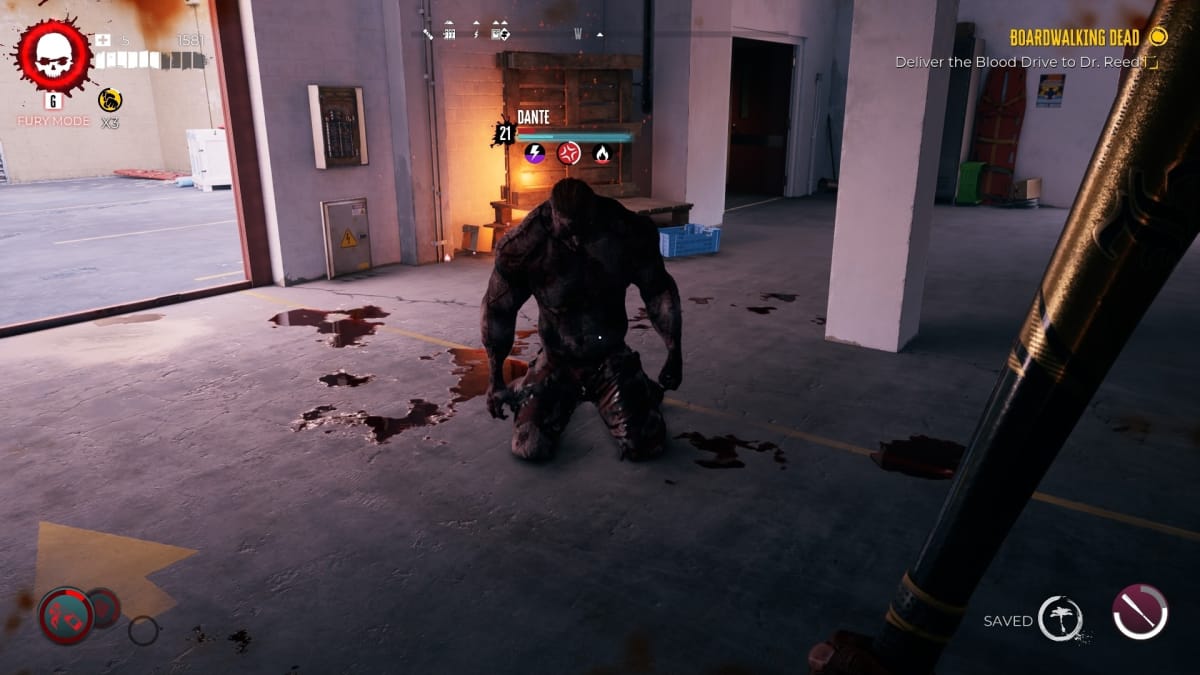 Dead Island 2 screenshot showing a bulky Crusher zombie called Dante kneeling on the ground in a lifeguard station.