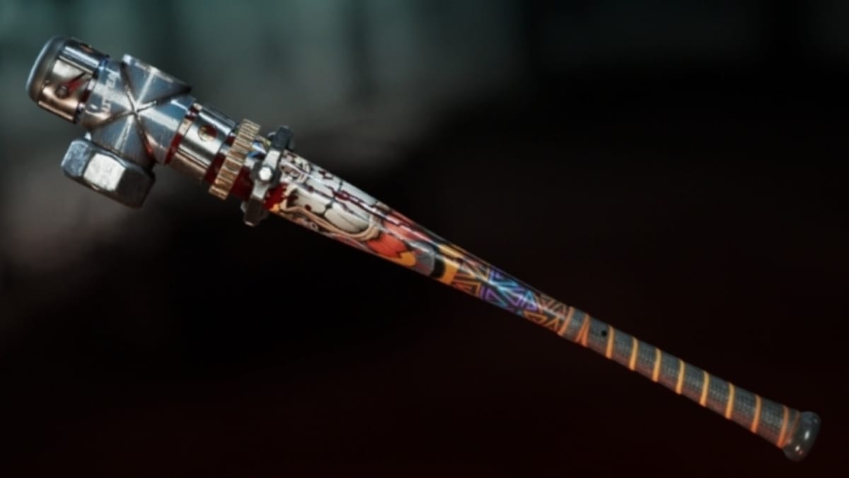 extreme close up of a baseball bat covered in tattoo-style artwork and modified with metal bands and bolts. 