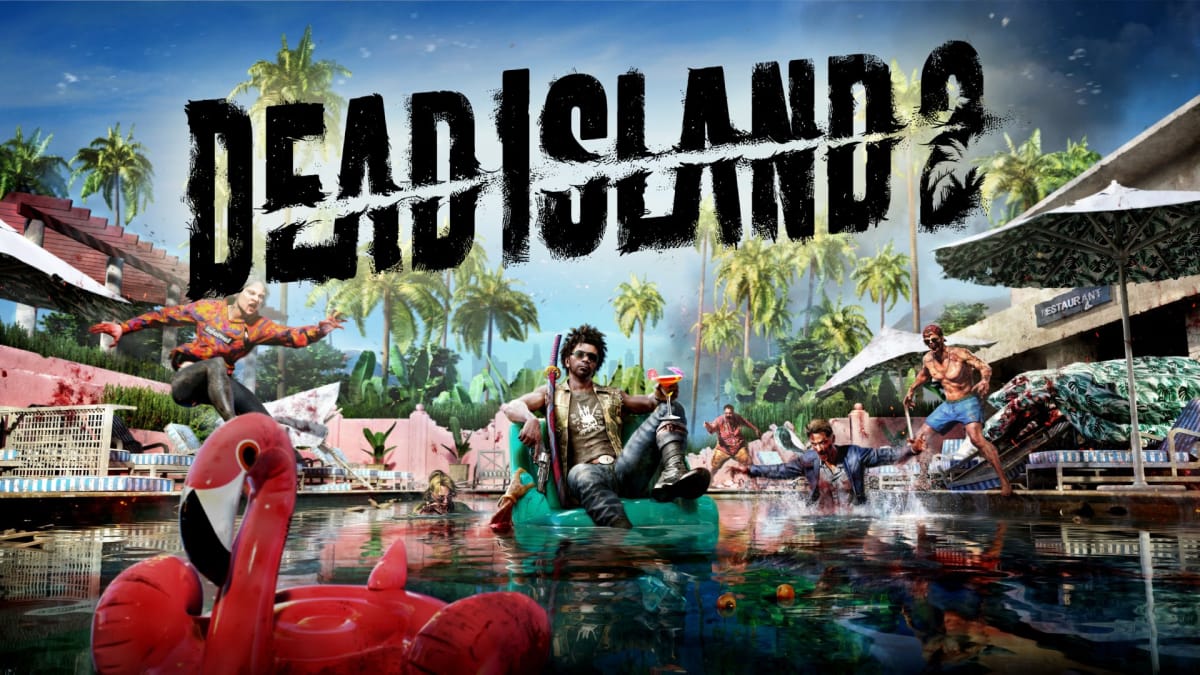 Dead Island 2 Key Art depicting a character sitting on a donut-shaped pool ring with a cocktail and a bloody katana, as zombies jump into the pool from almost all sides.