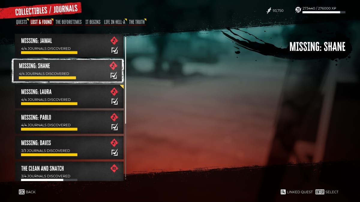 Dead Island 2 Lost & found mission menu with several lists of journal entries on the lift with a faded image of Venice Beach in the background.