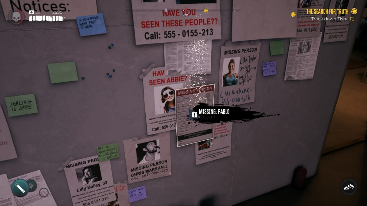 Dead Island 2 screenshot showing a board of missing persons posters with a prompt above one that reads: "Missing: Pablo". 