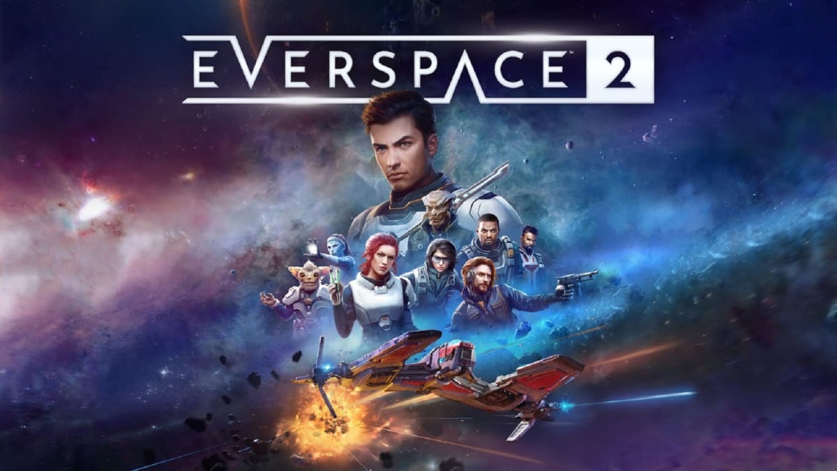 EverSpace 2's cast of characters pose with its logo in space