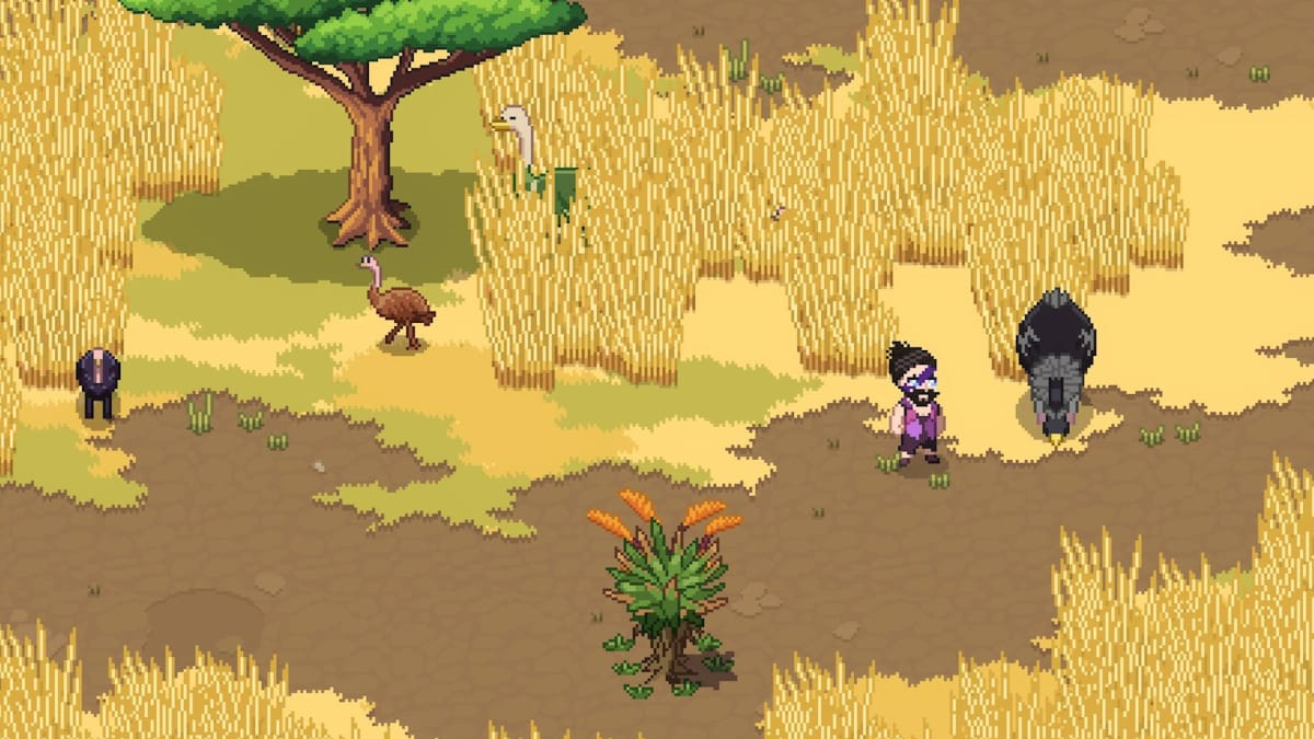 How to Get a Mount in Roots of Pacha - Cover Image Player Character Standing in the Savannah Near an Ostrich Herd
