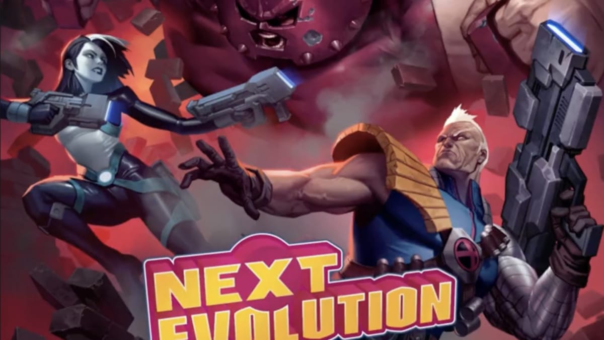 Box art of Marvel Champions Next Evolution, showing the character Domino and Cable facing the Juggernaut