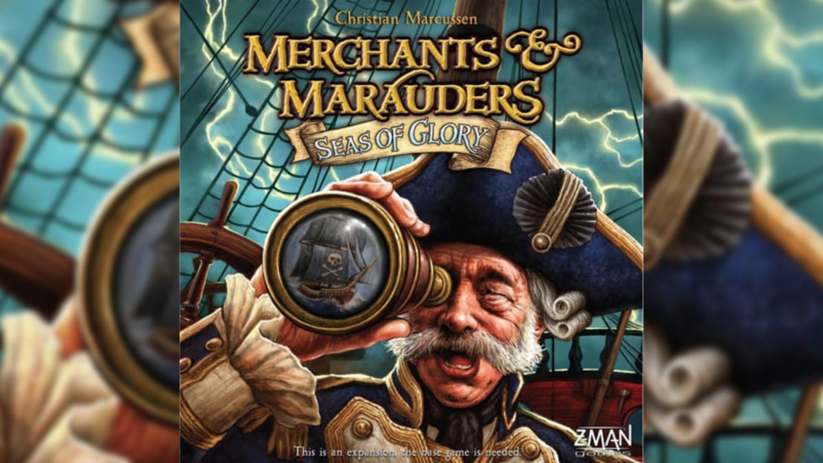 Merchants and Marauders Seas of Glory Expansion Cover Depicting Navy Captain looking through a telescope pointed at the viewer, with a pirate flag showing the reflection of the lens. 