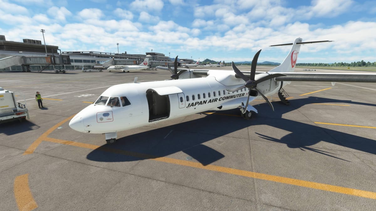 Microsoft Flight Simulator ATR 72 in JAC livery parked at Kagoshima airport